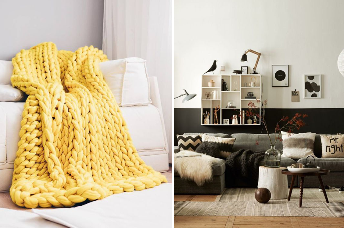 inverno-aquecer-decor-manta-sofa-amarela-maxi-trico-croche-pelego-almofadas-preto  - Sarah Brito